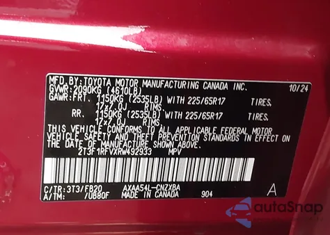 2024 Toyota Rav4 Le из США, поврежденный, VIN 2T3F1RFVXRW492933